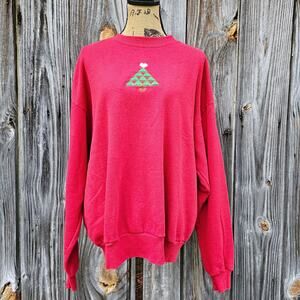 Christmas Tree Sweatshirt Jerzees XL Red Embroidered Hearts Vintage Y2K Xmas Vtg